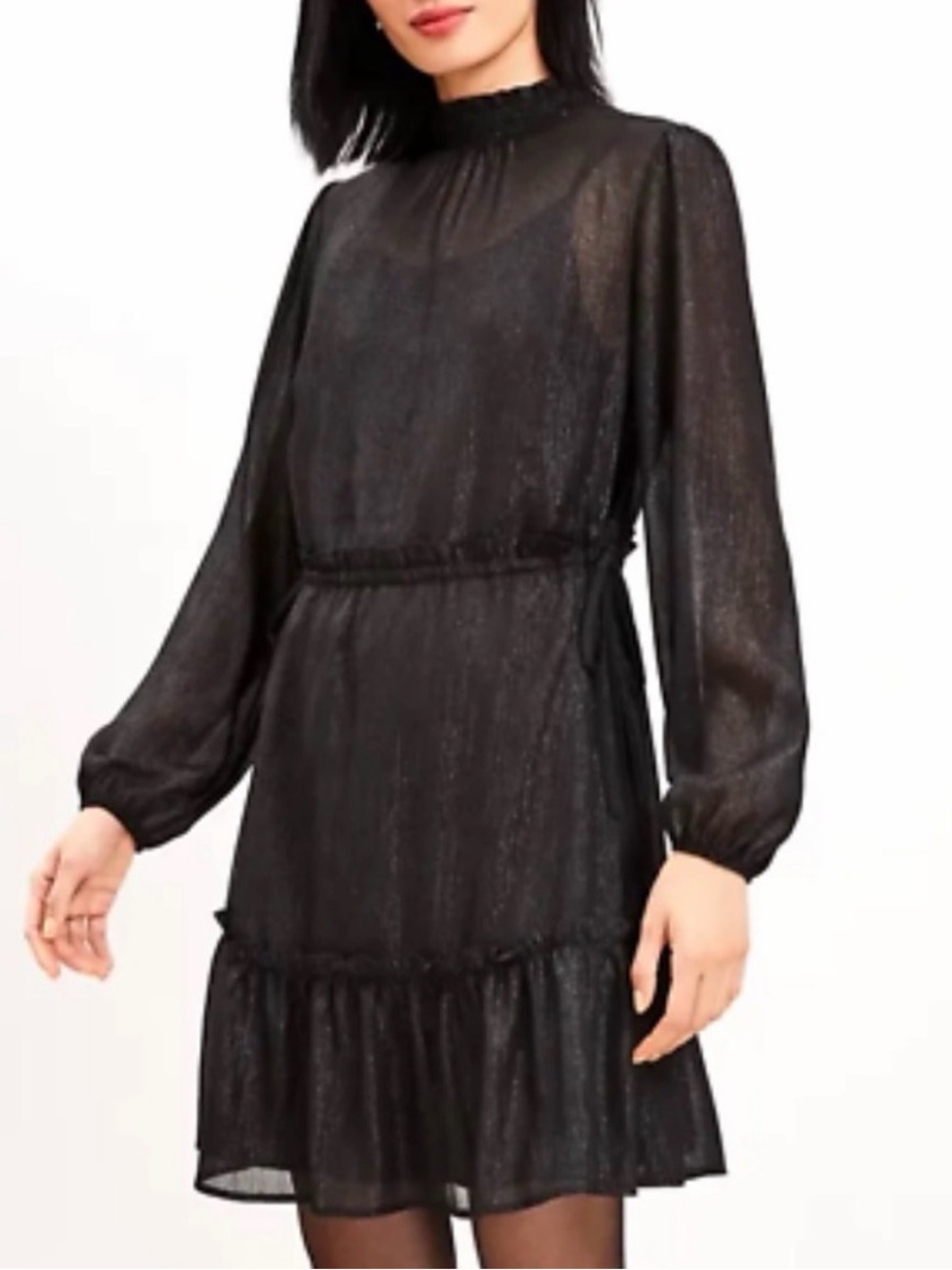 Loft smocked neck Black Long-Sleeve Ruffle Hem Dress size MP